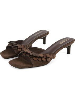 Women's Dark Brown Suede Kitten Heels Sandals Square Open Toe Slip on Mule Heels